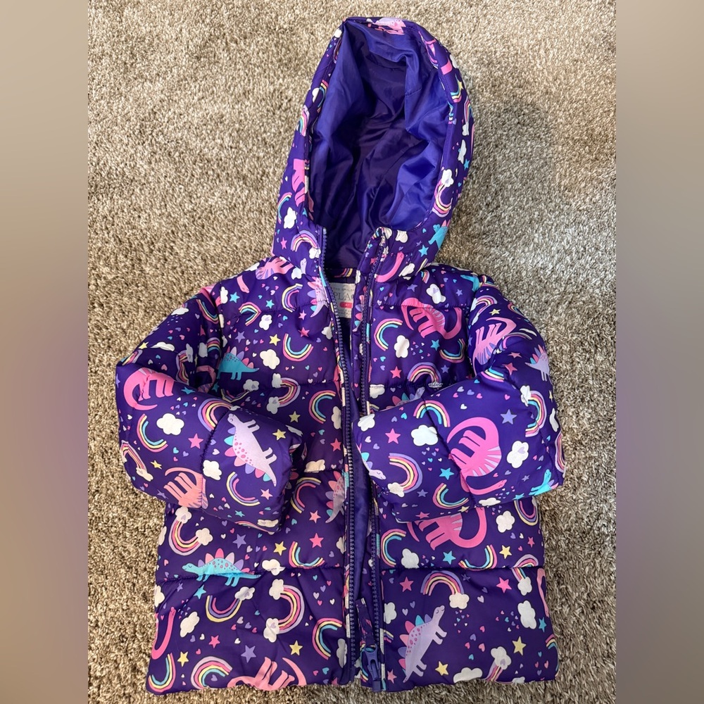 Girls' Purple Dinosaur Puffer Jacket with Hood